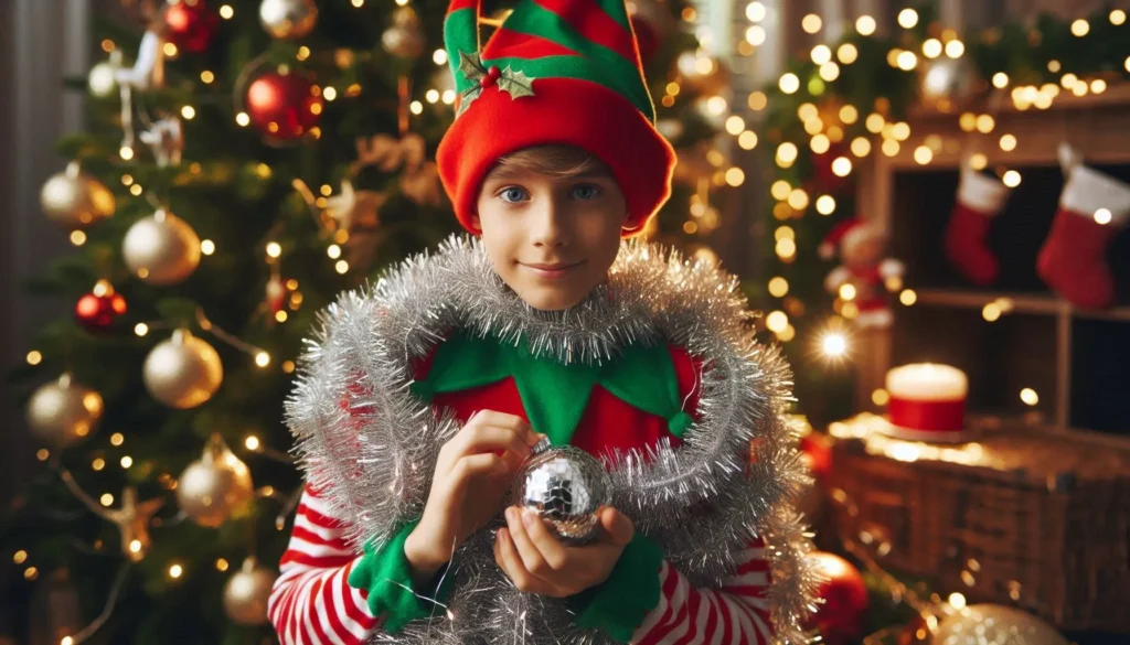 An elf holding a shiny ornament, tangled in tinsel, with a beautifully lit Christmas tree in the background.